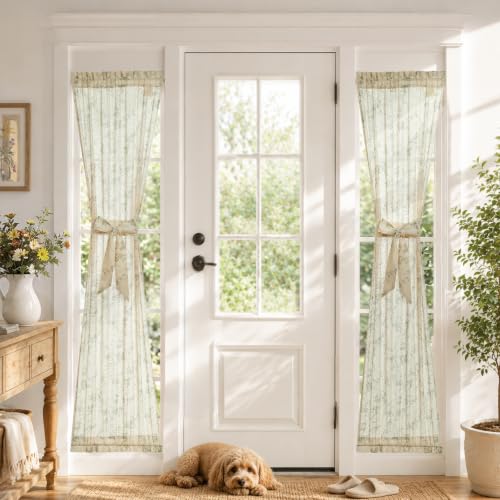 Image of jinchan Green Linen Floral French Door Curtains 72 Inch Rod Pocket 2 Panels | Light filtering, tiebacks included, cottage farmhouse, privacy full length door panels, patio door, sliding glass door