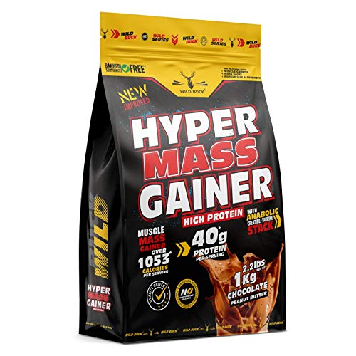 Image of Wild Buck Hyper Mass Gainer, High Protein Muscle Mass Gainer with Creatine + Taurine,1053 Calories & 40g Protein , Gain Strength & Size, Weight Gainer for Men & Women [Chocolate Peanut Butter, 1 Kg / 2.2 lb] Free Shaker