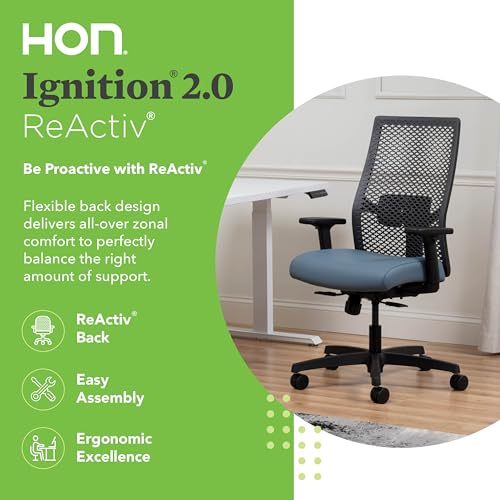 Image of HON Ignition 2.0 ReActiv Ergonomic Office Chair, Mesh Desk Chair with Lumbar Support, Synchro‑Tilt Recline, Height and Width Adjustable Arms, Swivel Wheels, Black Frame, Nimbus