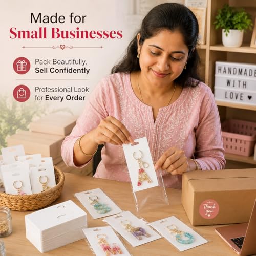 Image of Festiko Keychain Display Cards for Keyring Packaging & Display, 350 GSM Thick Cardstock, 4.7 x 3.1 Inch, Pack of 200, White Keychain Holder Cards - Premium Display for Small Business & Gifting
