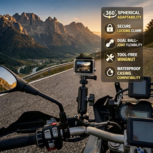 Image of 2025 Updated Action Camera Handlebar Mount | Metal Alloy Bike Camera Holder with Dual 360 Rotation | 1 /4 Inch Metal Screw Mount Compatible with GoPro, Insta360 & DJI Action Cameras