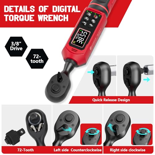 Image of SUERCUP 3 /8 inch Digital Torque Wrench (0.66-44.29Ft.Lb /0.9-60N.m) | ±1% Accuracy with Vibration /Buzzer /LED Alerts, 9 Presets & 5 Units, for Moto Engine /Brake, Car Spark Plug & Oil Drain Repair