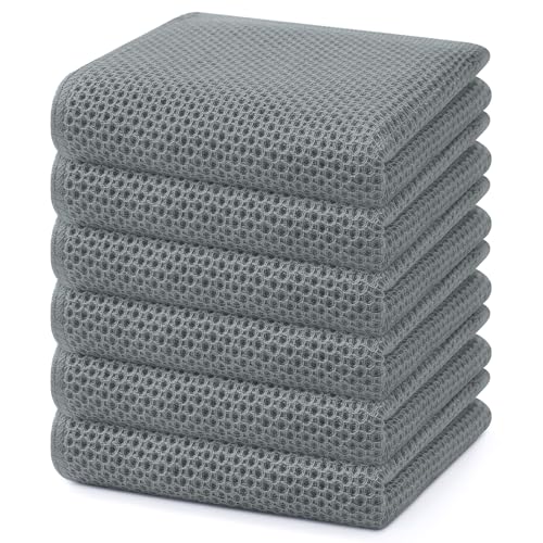 Image of Homaxy 100% Cotton Waffle Weave Kitchen Dish Towels, Ultra Soft Absorbent Quick Drying Cleaning Towel, 13 x 28 Inches, 6-Pack, Grey