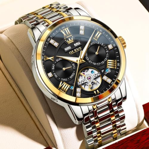 Image of OLEVS Automatic Watches for Men Self Winding Mechanical Skeleton Luxury Dress Stainless Steel Diamond Men Wrist Watches