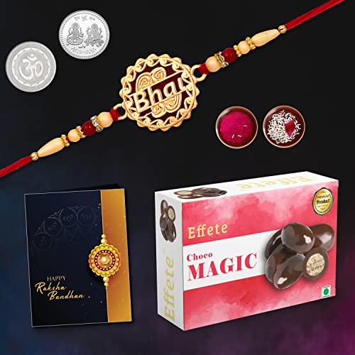 Image of DeoDap Multicolor Bhai Coded Rakhi Bracelet Magic with Choco Magic 32gm, Silver Pooja Coin, Tilak Set, Greeting Card - Rakhi Gift for Brother