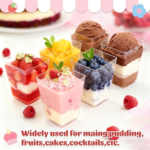 Hsxfl 50 Stück Dessertgläser Plastik, 150ML dessertbecher plastik mit Löffeln Klare Dessertschalen Wiederverwendbar Quadratischer Desserttassen Trapezoid Becher für Desserts Pudding Familiendesserts