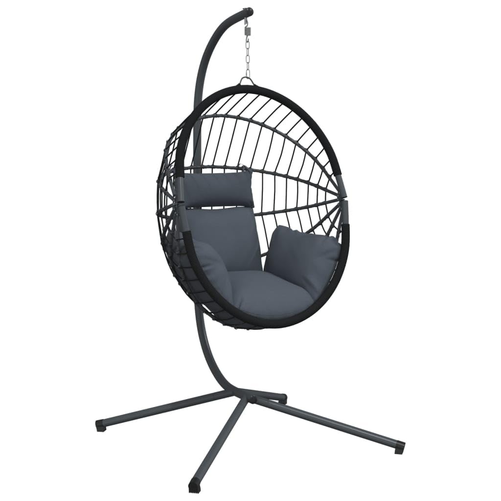 Silla colgante con diseño de huevo con estructura de acero y ratán en color antracita, 104 x 100 x 197 cm, con cojín extraíble para balcón, terraza y exterior para relajarse y columpiarse