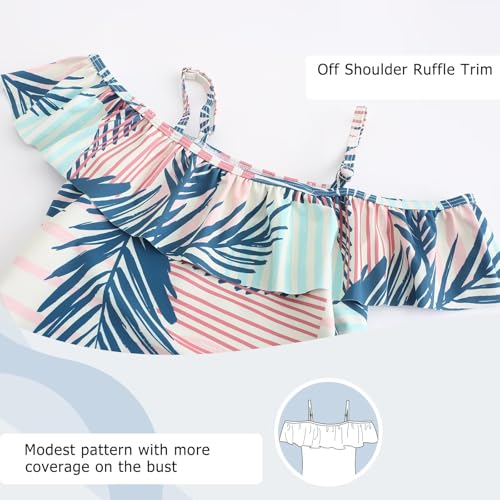 Image of Girls One Piece Swimsuits Off Shoulder Bathing Suit Kids Hawaiian Floral Swimwear 3-16 Years
