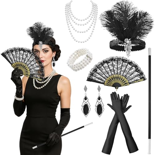 GWAWG Disfraz de los años 20 para mujer,accesorios de los años 20,juego de accesorios con cinta para la cabeza, guantes,cadena de perlas, pendientes,perfecto para boa de plumas negro carnaval (negro3)