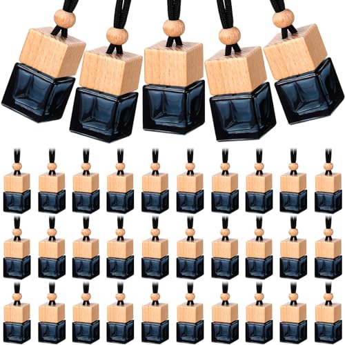 BBTO 50 Pcs Hanging Car Air Freshener Car Diffuser Bottles Empty Glass Perfume Bottle Freshener Diffuser Bottle Pendant for Essential Oil Fragrance Aromatherapy Bottle Ornament (Black,Cube)