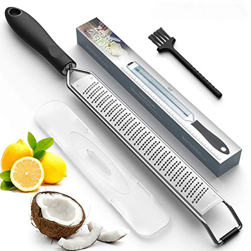 Lemon Zester & Cheese Grater – Premium Stainless Steel – A Sharp Kitchen Tool for Ginger, Garlic, Nutmeg, Chocolate, Vegetables, Fruits, Dishwasher Safe, Black