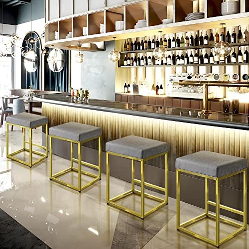 Yaheetech Bar Stools 4PCS for Kitchen Counter Backless Industrial Counter Stool with Gold Frame Modern Upholster Dining Cafe Chair Grey & Gold