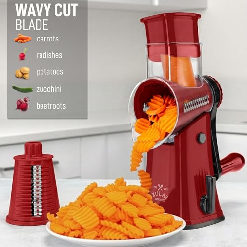 Image of Zulay Kitchen Rotary Cheese Grater 5 Blade Cheese Shredder - Manual Hand Crank Cheese Grater With Reinforced Suction & 5 Interchangeable Drums - Easy to Use, Vegetable Chopper Round Mandoline Slicer