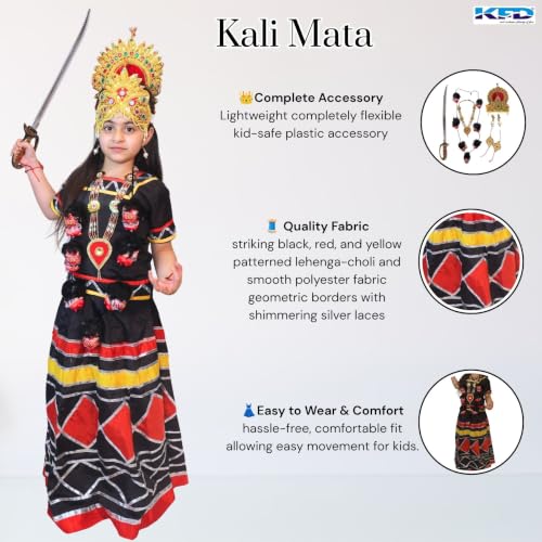 Image of Kaku Fancy Dresses Kali Mata Fancy Dress Costume for Girls | Maa Kali Devi Traditional Costume Set with Double Mukut, Mund Mala, Talwar, Earrings & Bajuband | Navratri, Durga Puja, Function- 7 To 8 Y