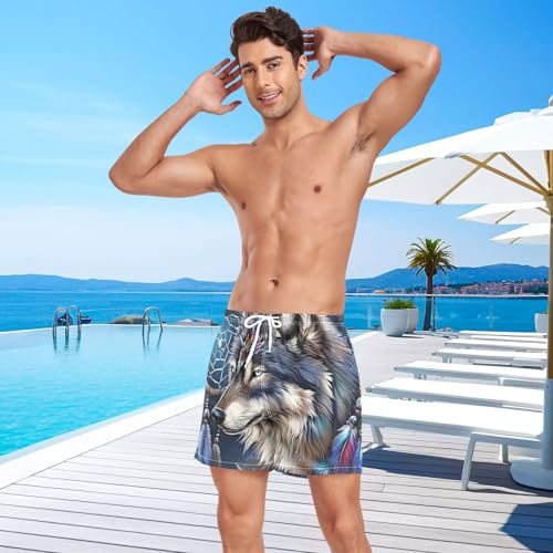 Dreamcatcher Wolf Mens Swim Trunks with Liner, Cool Quick Dry Beach Swim Shorts, Swimwear Bathing Suits S4