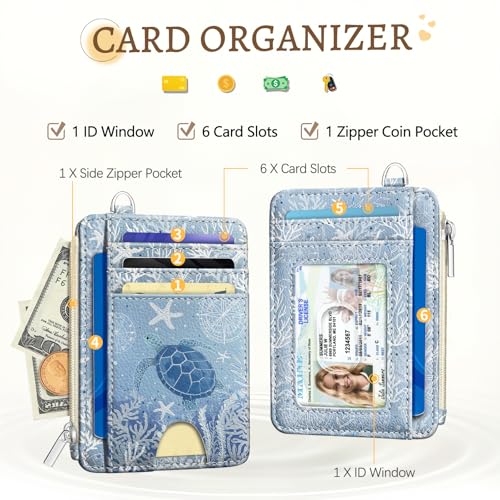 Image of Kelvoris Sea Turtle Credit Card Holder Small Wallet Women, Blue Ocean Slim RFID Wallet Woman Keychain with Zipper Coin Pocket, Front Pocket Thin Travel Card Case Organizer with ID Window Ladies Gifts