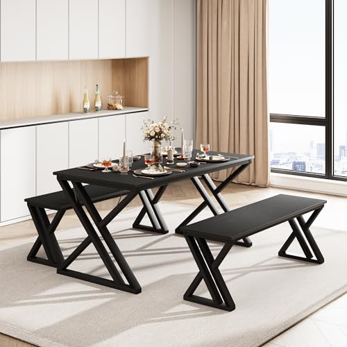 GarveeHome Kitchen Table with 2 Benches, Dining Table Set for 4, Saving Space Dining Room Table Set for Kitchen, Dining Room, Apartment, Sturdy Metal Frame, Black Vintage Black 44.8"