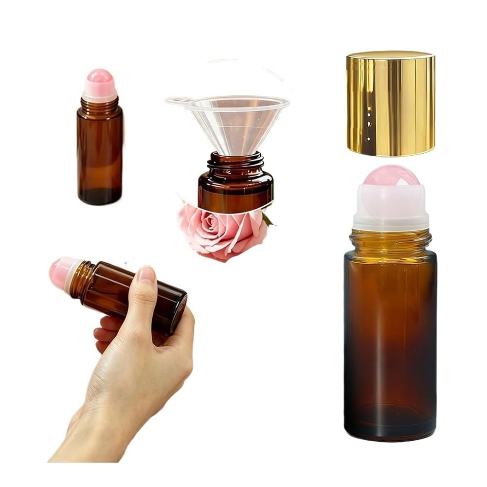 Palut 50ml Refillable Amber Glass Roller Bottles, Crystal Rollerball Liquid Vials Portable Essential Oil Sample Storage Containers