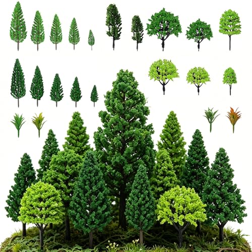 PGonline 40 Stück Modellbau Bäume (4-16 cm) Miniatur Bäume Gemischte Miniatur und Büsche Zug Eisenbahn Modellbau Landschaft für Projekte und DIY Landschaft Modelleisenbahn Zubehör