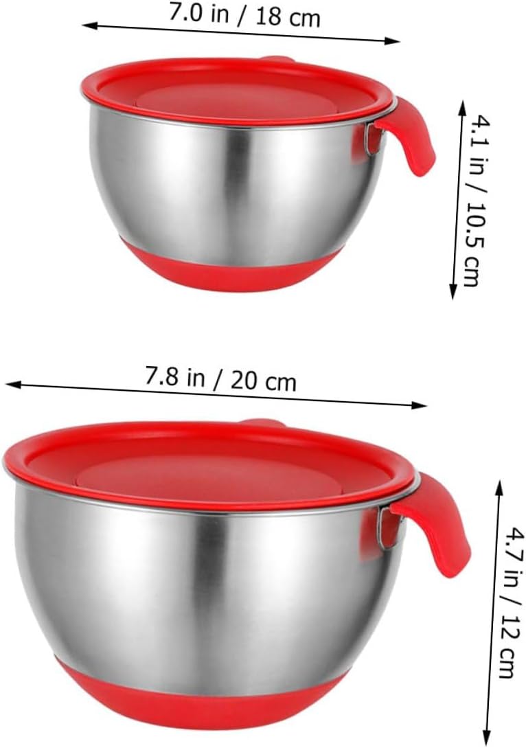 ABOOFAN Stainless Steel Mixing Bowls with Red Handle, 18cm 20cm Diameter, Silicone Non-slip Base, Includes 2 Lids and 3 Graters, Multi-function Salad and Noodle Prep Bowls for Kitchen