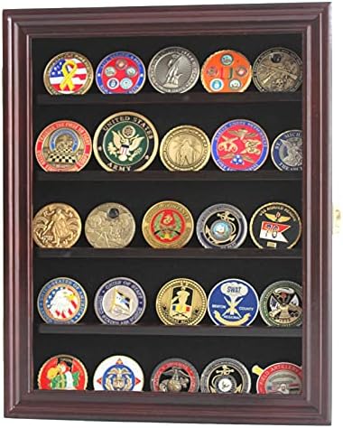 DisplayGifts Military Challenge Coin Display Case Lockable Cabinet Rack Holder Shadow Box with Removable 2 Grooves Shelves and Anti Fade Acrylic Glass Door for Casino Poker Chips Collectibles Mahogany Finish