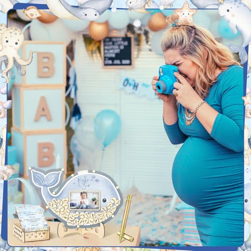Image of Wenqik 63 Pcs Under the Sea Baby Show Guest Book Alternatives Set Baby Shower Decorations with Photo Frame Sonogram Frame Keepsake 60 Wood Slices Guest Book for Birthday