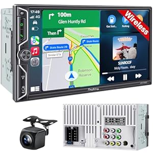 QLED Double Din Car Stereo with Wireless Apple CarPlay & Android Auto, 4.2-Ch Audio 2 Subwoofer Outputs, Backup Camera, Bluetooth, MirrorLink, 7″ Touchscreen, SWC, FM/AM Radio