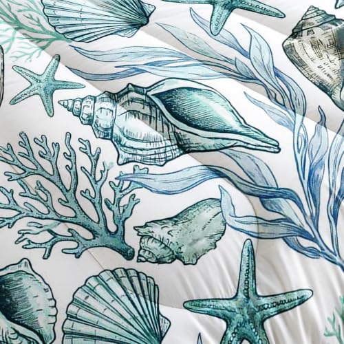 Image of AILONEN Teal Seashell Queen Comforter Set, Coastal Coral Starfish Home Ensemble, 3 Piece Microfiber Down Alternative Fill for Couples Family Guests