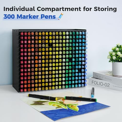 Image of SANFURNEY Art Marker Storage Rack for 300 Markers, Watercolour Brushes Pens Color Pencils Organizer Holder for Desk - Black
