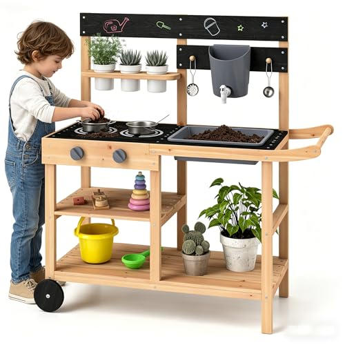 Image of HONEY JOY Mud Kitchen with Wheels, Fir Wood Outside Play Kitchen for Toddlers, Realistic Faucet & Water Tank, Stoves, Sink, Storage Shelf, Planter Cups, Mud Table for Kids Outdoor Backyard