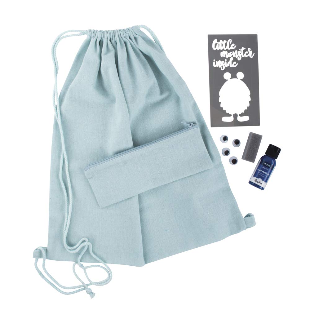 Rayher Monster 53993000 Gym Bag Craft Pack 38 x 42 cm and Pen Bag 21 x 8 cm with Stencil, Wiggle Eyes, Paint and Painting Sponge for Decorating, Light Blue