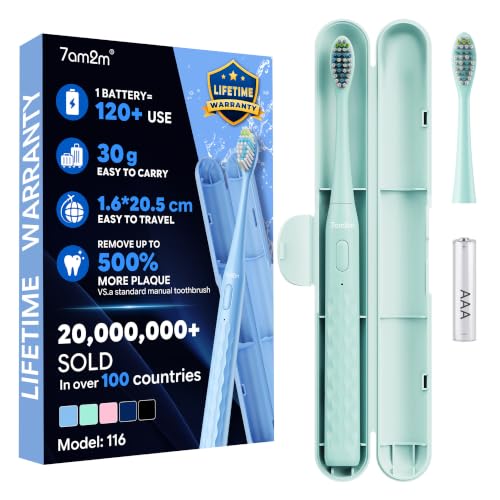 Image of 7AM2M Sonic Travel Electric Toothbrush for Adults & Kids, Travel Case&2 Brush Heads, Battery Powered Sonic Toothbrush, Compact Design for Daily /Travel Use-Green