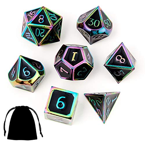 Dungeons And Dragons Metal Dice Set Dnd 7Pieces Solid Dice With Gift Dice Bag For D&D Pathfinder Roll Playing Games Dice Board Game Player-Rainbow Number With Black #TOP26