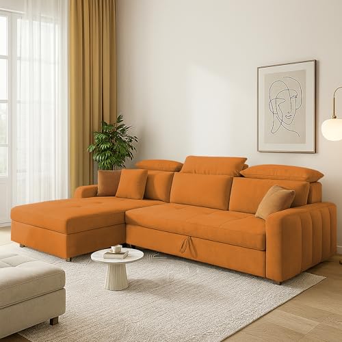 Image of Casaliving Gagnon LHS 4 Seater L Shape Corner Sofa Cum Bed for Living Room (Orange Fabric) Premium Fabric Sofa