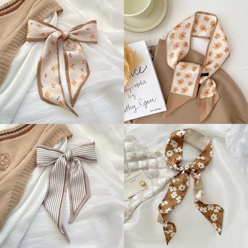 6 Pieces Fashion Scarves for Women Handbag Silk Scarves Hairband Headband Satin Ribbon Lightweight Neck Tie for Women4