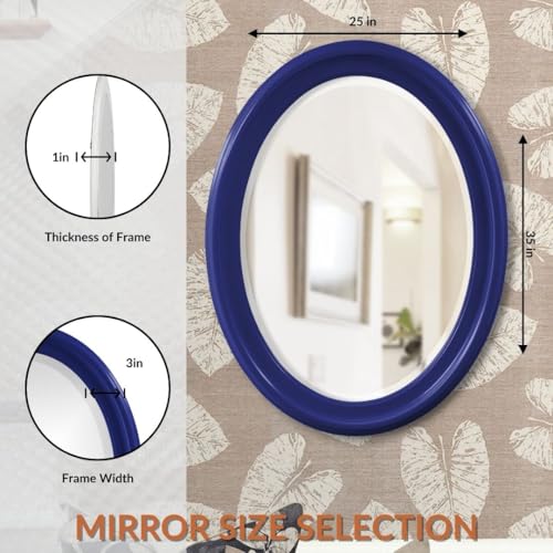 Image of Howard Elliott Collection George Oval Glossy Navy Wall Mirror, Oval Bevelled Hanging Wood Framed Vanity Mirrors for Home Decor, Living Room, Bathroom, Bedroom, or Hallway, 25 x 33 Inch