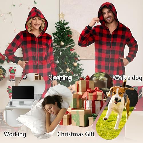 Couple Lightweight Fleece Onesie Pajamas, Hooded Printed Zipper Pjs Set for Women & Men Christmas Sleepwear Warm4