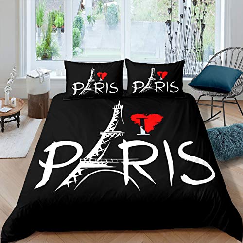 Homemissing Tour Eiffel Parure de Lit 220x240cm Chic Paris Theme Housse de Couette Femme French Paysage Urbain Parure Housse de Couette Red Heart Pattern...