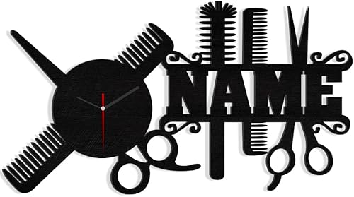 Reloj de pared personalizado para peluquería con nombre personalizado, reloj de pared de madera para salón de diversión, peluquería, reloj de pared
