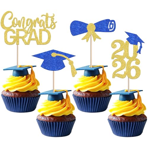 Adornos para cupcakes de graduación 2025, decoración de tartas y sombreros con purpurina 24x