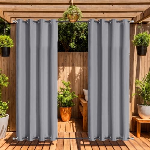LiveGo Outdoor Curtains Waterproof with Grommet (Top and Bottom) 2 Panels Privacy & UV Protection Windproof Curtain for Porch Pergola Garden Backyard (Light gray 140 * 213cm)
