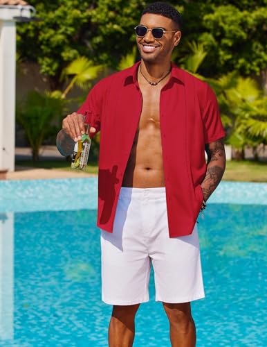 Image of COOFANDY Mens Cuban Guayabera Shirt Short Sleeve Button Down Shirts Summer Beach Vacation Shirts