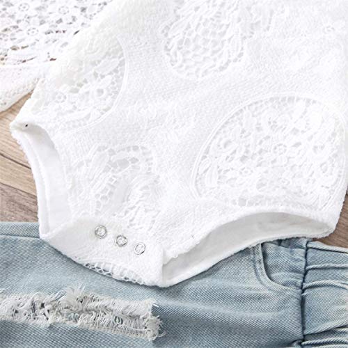 2Pcs Baby Girl Boho Clothes White Lace Romper + Ripped Flared Jeans Denim Outfits (Bell-Bottom Denim, 9-12 Months) #TOP3