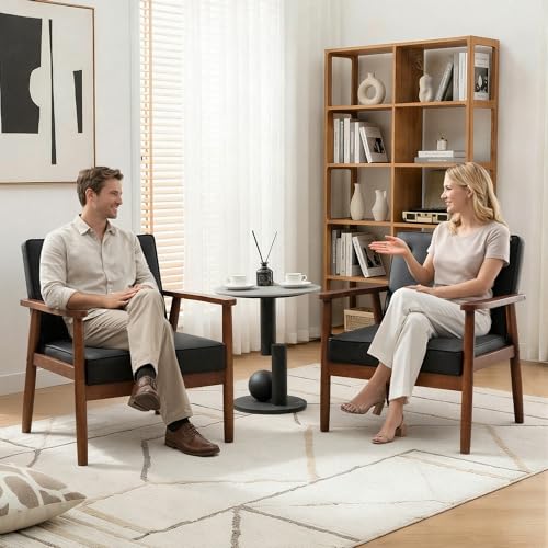 Image of Waiting Room Accent Chairs Set of 2, Black Leather ArmChairs, Office Guest | STHOUYN Mid Century Modern, Wood Arms, Office Lobby Living Room Chair