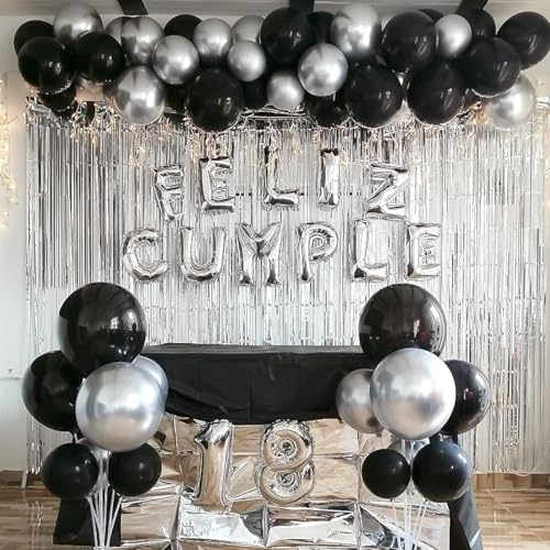 Image of Black and Silver Balloons Set, 65 Pcs 12 Inch Latex Balloons with Ribbon | Thick Durable ,Easy to Inflate,Metallic Silver and Black Balloons for Birthday Wedding Anniversary Halloween bachelor party