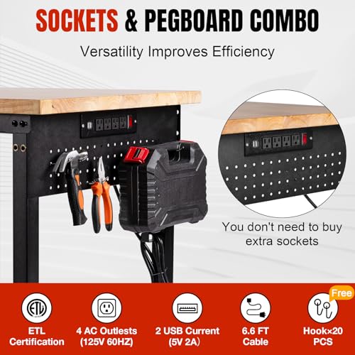 Image of 48 inch Lx24 inchW Adjustable Workbench with Wheels, 28 inch-40 inchHeight Heavy Duty Table 2000 LBS Load Capacity, Work Bench with Power Outlet & Pegboard, Rubber Wood Work Table for Garage, Office, Workshop