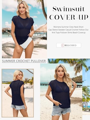 Image of Womens Summer Crochet Tops Hollow Out Cap Sleeve Cover Up Tank Top Pullover Sweater Vest Beach Vacation Clothes