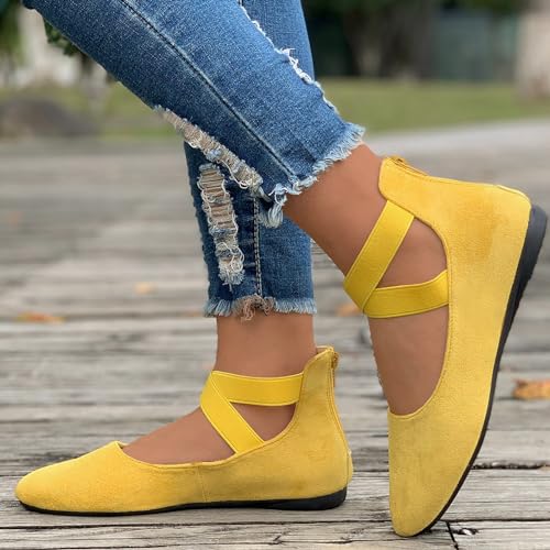 Women's Comfortable Fashion Elastic Ankle Straps Flats Shoes, Flat Shoes Dressy Ballet Flats with Stretch Ankle Straps Square Toe Slip on Walking Shoes Yoga Flat Shoes Slip On Loafers2