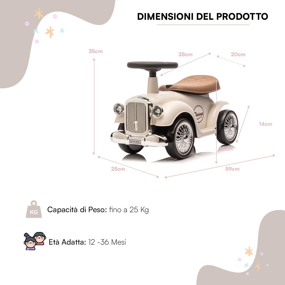 Baroni Toys Macchina Ride-On Vintage per Bambini dai 12 ai 36 Mesi, Baby Car con Clacson ad Aria, Vano Portaoggetti, Manubrio Sterzante e Ruote Stabili per Imparare a Camminare, 25x59x35 cm, Bianco
