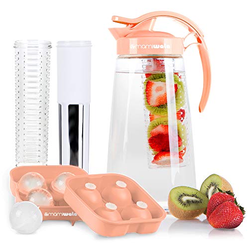Fruit & Tea Infusion Water Pitcher - Free Ice Ball Maker - Free Infused Water Recipe eBook - Includes Shatterproof Jug, Fruit Infuser and Tea Infuser – Great for weight loss - The PERFECT Set (Peach)